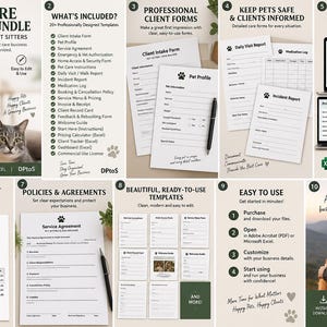 Könnte beinhalten: Ein Business-Paket für Tierbetreuer und Gassi-Geh-Services mit über 20 professionellen Vorlagen, darunter Kundenaufnahmeformulare, Serviceverträge, Rechnungen sowie Excel-Tools zur Verwaltung von Kunden und Preisen, verfügbar als PDF und Excel.