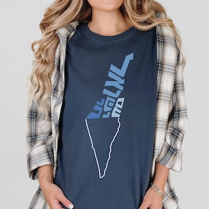 May include: Navy blue t-shirt featuring a stylized graphic in shades of blue and white. The graphic appears to be a map outline with text. The person is wearing a plaid shirt over the t-shirt.