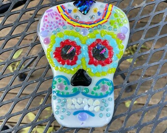 Dia de los muertos fused glass dog sugar skull ornament