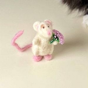 Mother&#39;s Day love Needle felted white mouse rat with pink nose and bouquet of flowers