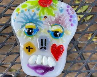 Dia de los muertos fused glass dog sugar skull ornament