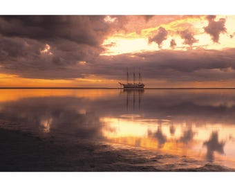 Sunset Sailboat Photography Print : Three-Mast Ship Wall Art