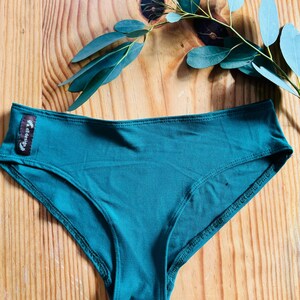 May include: Teal green underwear with a small black label that says "wild design" on the front.