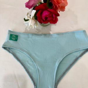 May include: Light blue underwear with a gray trim and a green label that says "a lil' design".
