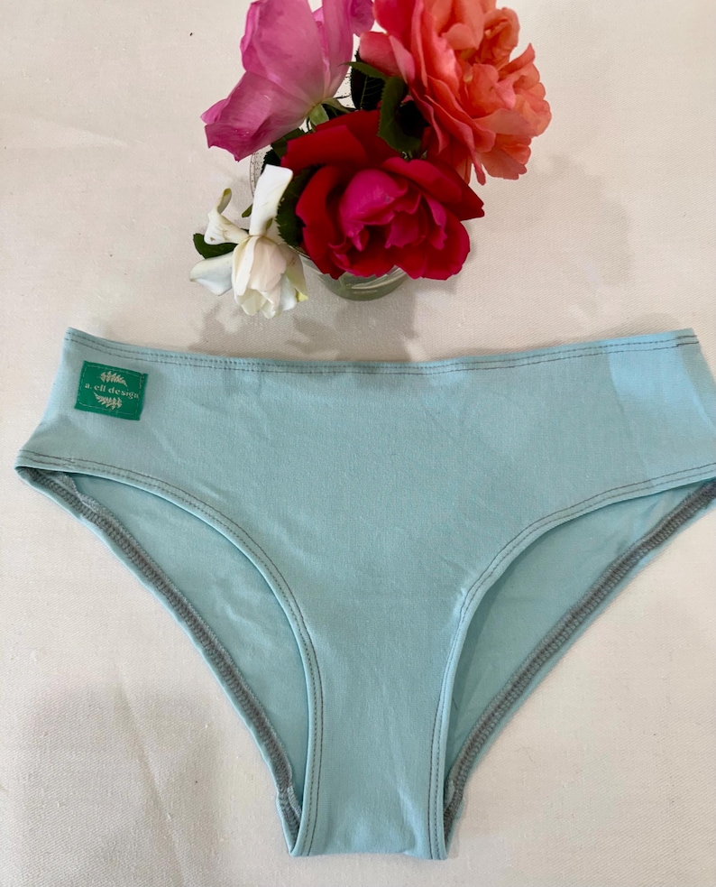 May include: Light blue underwear with a gray trim and a green label that says "a lil' design".