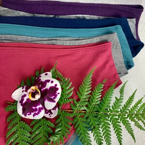 May include: A stack of six pairs of underwear in various colors, including purple, blue, teal, gray, and pink. A fern with a white orchid with purple accents is in the foreground.
