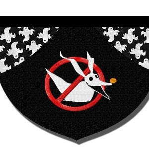 May include: A black and white dog with a red circle and a diagonal line through it. The dog is wearing a red nose and has a white background. The dog is surrounded by white ghosts on a black background.