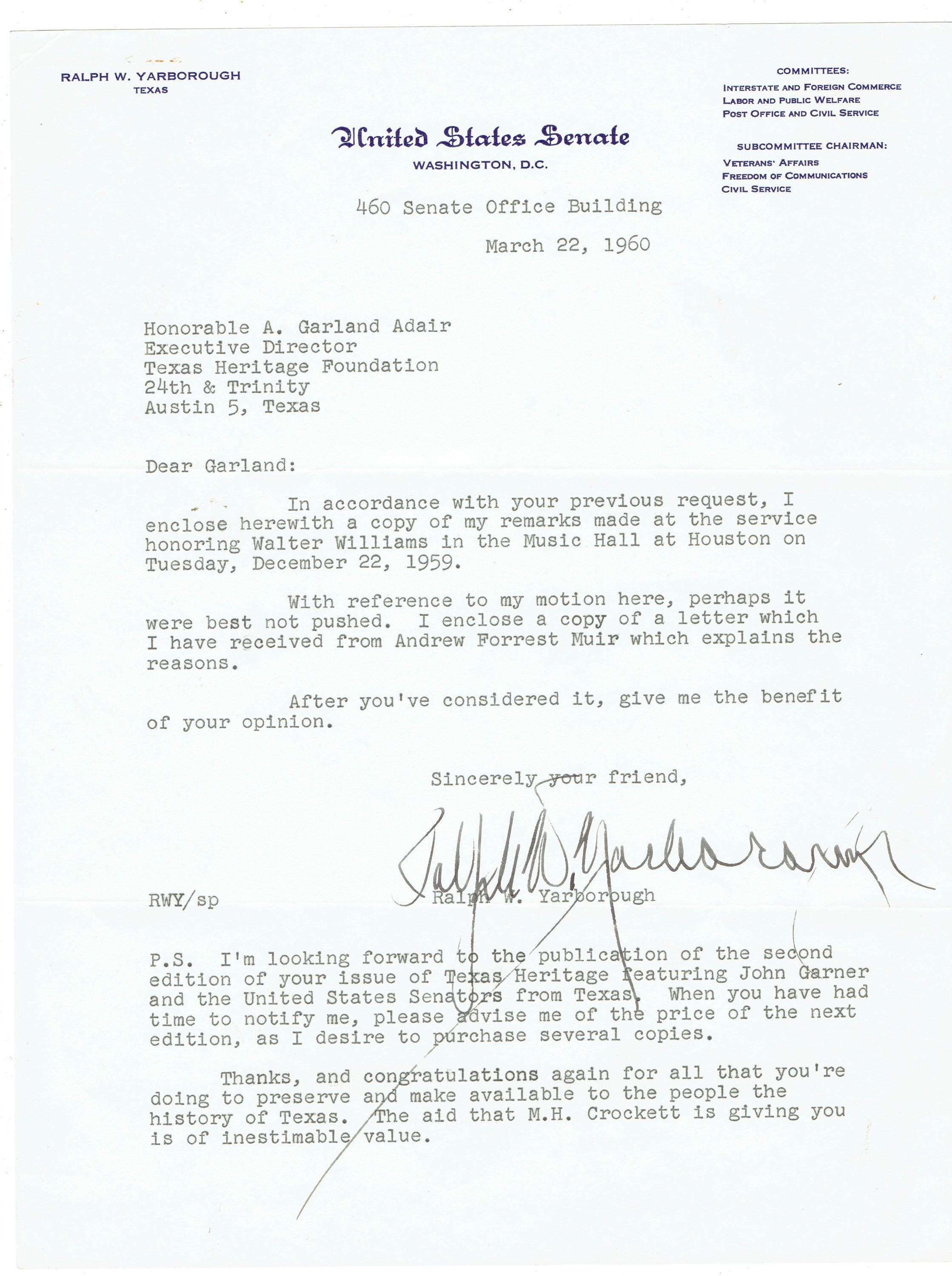 1960 Typewritten Letter United States Senate Letterhead Signed by ...
