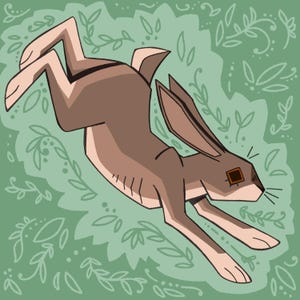 Puede incluir: Ilustración de una liebre marrón saltando sobre un fondo verde con patrones de hojas. La liebre tiene rasgos geométricos y un ojo cuadrado. La obra de arte tiene un estilo de dibujos animados.