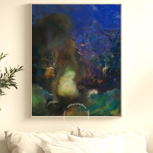 May include: Abstract art print with a dynamic, colourful composition. The artwork displays a mix of dark blues, greens, and yellows, with a sense of movement and depth. The painting is framed and mounted on a wall above a bed.