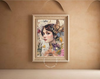 Vintage Woman Butterfly Print: Botanical Cottagecore Wall Art (Digital Download)