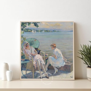Stampa Cucuel Summer Lake – Poster digitale in stile Art Déco – Donna vintage in riva all'acqua – Elegante decorazione da parete – Download immediato dell'opera d'arte.
