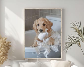 Divertente stampa artistica da bagno con Golden Retriever: poster di un cane dispettoso (download digitale)