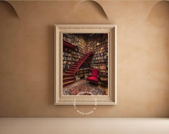 Lámina artística de biblioteca vintage: decoración elegante para amantes de los libros (impresión digital)