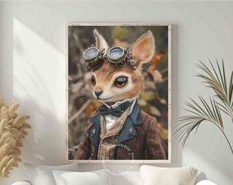 May include: A brown and white deer with large, brown eyes wearing a pair of steampunk goggles and a black bow tie. The deer is wearing a brown tweed jacket and is standing in a woodland setting.