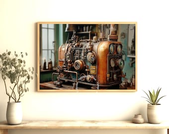 Steampunk Machine Art Print – Vintage Sci-Fi, Retro Industrial (Digital Download)