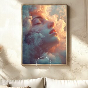 Ethereal Dream – Poster digitale surreale con volto tra le nuvole, ritratto artistico, stampa decorativa da parete, stampa digitale, arredamento per la casa, stampa artistica