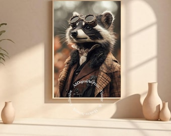 May include: A raccoon wearing a brown tweed jacket and goggles, with a white collar and a brown bow tie. The raccoon is looking to the right of the image.