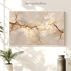 Peut inclure: Impression d'art abstrait avec une palette de couleurs beige et or. L'œuvre présente un motif craquelé et texturé avec des veines dorées sur un fond neutre. Le texte "ASDigitalArtPrint" est visible en haut à gauche.
