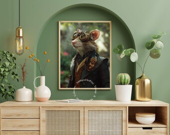 May include: A steampunk-style illustration of a mouse wearing goggles and a jacket with intricate details. The mouse is set against a green background with foliage.