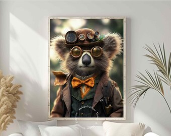 May include: A koala wearing a brown leather jacket, a brown hat with gears, and goggles. The koala is wearing a bow tie and has a serious expression on its face. The background is a blurred image of green leaves.