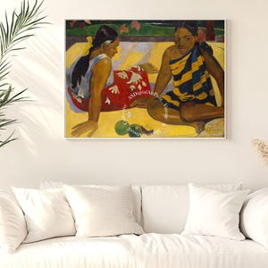 May include: A painting of two women sitting on a yellow surface. The woman on the left is wearing a red and white dress and the woman on the right is wearing a yellow and black striped dress. There are green fruits in front of them.