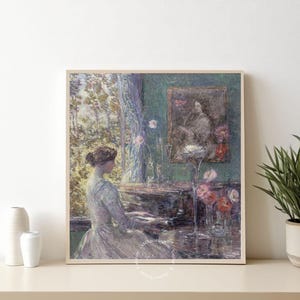 Stampa digitale di Childe Hassam – Arte murale impressionista per interni – Poster vintage con scena di pianoforte – Belle arti romantiche – File con download immediato.