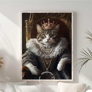 Majestic Feline Queen - Digital Baroque Cat Portrait, Digital print, Instant download, Wall art, Funny Poster, instant download, Home decor.