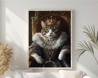 Baroque Cat Portrait: Majestic Feline Queen, Funny Home Decor (Digital Print)