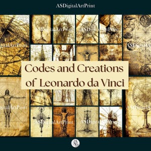 Könnte beinhalten: Eine Collage von Bildern im Vintage-Stil, die Skizzen und Diagramme im Stil von Leonardo da Vinci zeigen. Der Text "Codes and Creations of Leonardo da Vinci" ist prominent dargestellt. Die Bilder haben einen Sepia-Ton.
