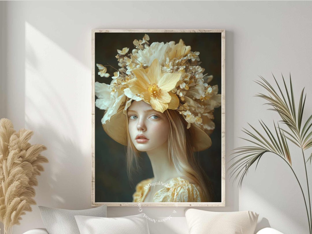 Vintage Floral Portrait Art Print: Elegant Woman With Flower Hat ...