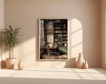 Vintage Library Art Print: Rustic Industrial Study (Digital Download)