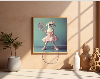 May include: A digital art print featuring a chihuahua dressed in a pink tutu and holding a tennis racket. The background is a light blue color. The print is framed in a gold frame.