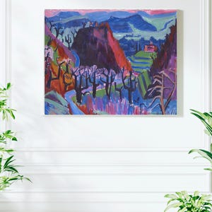 Puede incluir: Pintura de paisaje abstracto con colores vibrantes. La obra representa una cordillera, árboles y un río sinuoso. La paleta de colores incluye tonos de azul, morado, rojo y verde, creando una composición dinámica y expresiva.