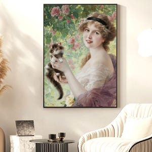 Emile Vernon – Son Petit Chaton / Stampa artistica di una ragazza floreale vintage, poster francese romantico, decorazione murale botanica, opera d'arte scaricabile digitalmente