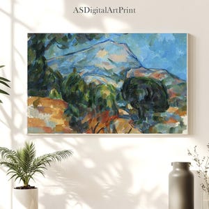 May include: A framed landscape painting with a mountain and trees. The artwork features a mountain in shades of blue and green trees, with a foreground of orange and brown. The text "ASDigitalArtPrint" is in the top left corner.