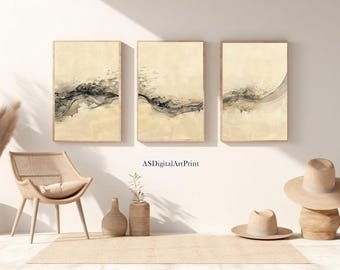 May include: Three rectangular wall art prints featuring abstract black and grey ink-wash style fluid lines on a textured beige background. The prints are displayed in thin wooden frames. The text ASDigitalArtPrint is visible below the center print.