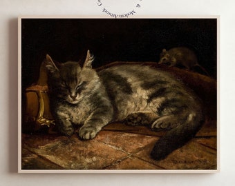 Lámina de gato y ratón de Adolf von Becker – Decoración vintage para el hogar (Descarga digital)
