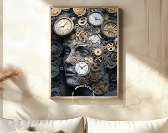 Steampunk Face Print: Clockwork Gears Surreal Art (Digital Download)