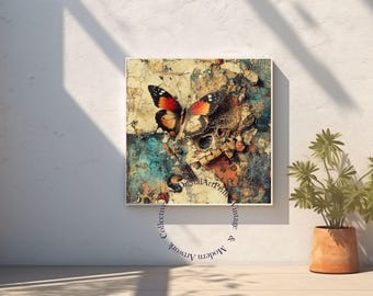 Butterfly Skull Digital Art Print: Steampunk Gothic Home Decor