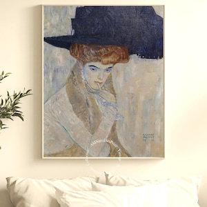 Dama con cappello e boa di piume di Gustav Klimt / Poster digitale Art Nouveau vintage / Decorazione murale stampabile in stile Secessione viennese.
