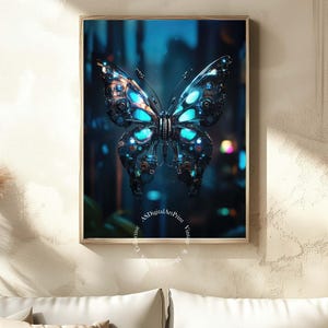 Cyberpunk Butterfly – Arte murale futuristica al neon, stampa decorativa da parete, stampa digitale, stampa su qualsiasi supporto, arredamento per la casa, download immediato.