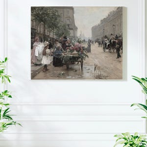 May include: A vintage print depicts a bustling street scene with people, horse-drawn carriages, and a flower cart. The artwork is in muted tones, with a focus on the details of the architecture and the figures in the scene. A dog stands in the street.