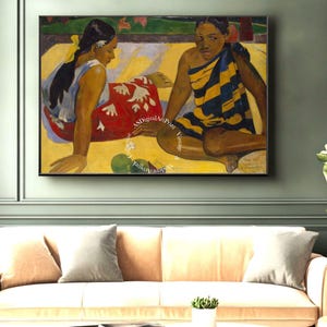 May include: A painting of two women sitting on a yellow background. The woman on the left is wearing a red and white dress and the woman on the right is wearing a yellow and blue dress. The painting is in a style reminiscent of Paul Gauguin.
