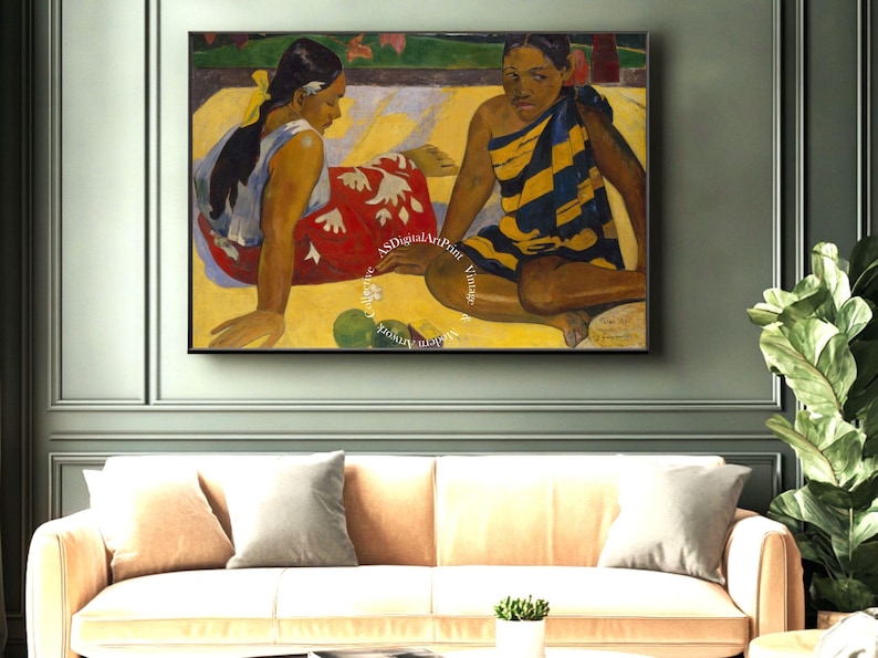 May include: A painting of two women sitting on a yellow background. The woman on the left is wearing a red and white dress and the woman on the right is wearing a yellow and blue dress. The painting is in a style reminiscent of Paul Gauguin.