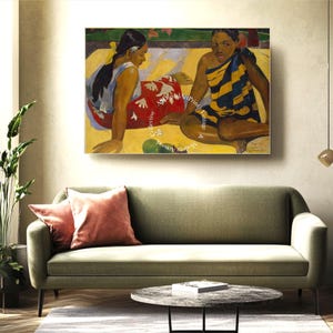 May include: A painting of two people sitting on a yellow background. The person on the left is wearing a red and white dress and the person on the right is wearing a blue and yellow striped dress.