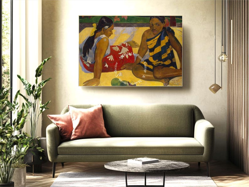 May include: A painting of two people sitting on a yellow background. The person on the left is wearing a red and white dress and the person on the right is wearing a blue and yellow striped dress.