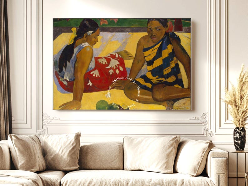 May include: Two women sit on a yellow patterned surface. The woman on the left wears a red and white patterned dress and a yellow headband. The woman on the right wears a blue and yellow striped dress. The painting is done in a style reminiscent of Paul Gauguin.