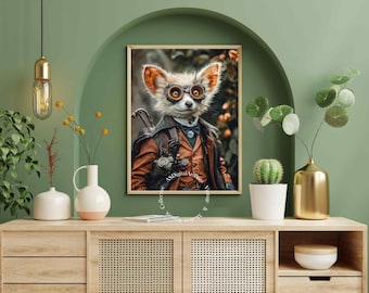May include: A whimsical illustration of a fox wearing a steampunk-inspired outfit with goggles and a bow tie. The fox is set against a backdrop of green foliage.