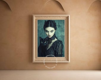 Gothic Woman and Black Cat Art Print: Dark Home Decor (Digital Download)